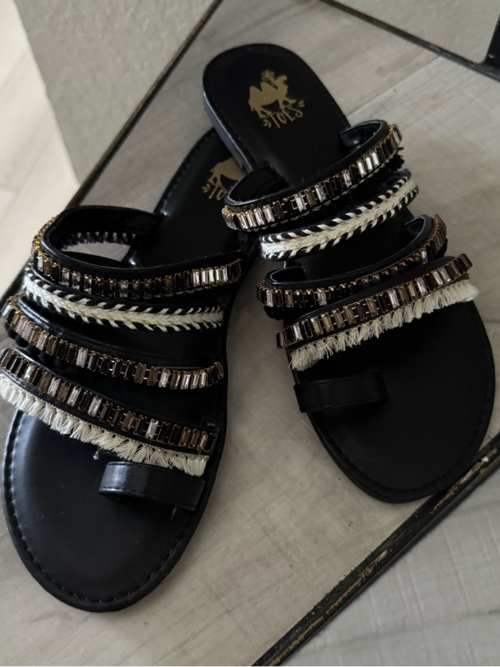 Black Embellished Slide Sandals with Beaded Straps